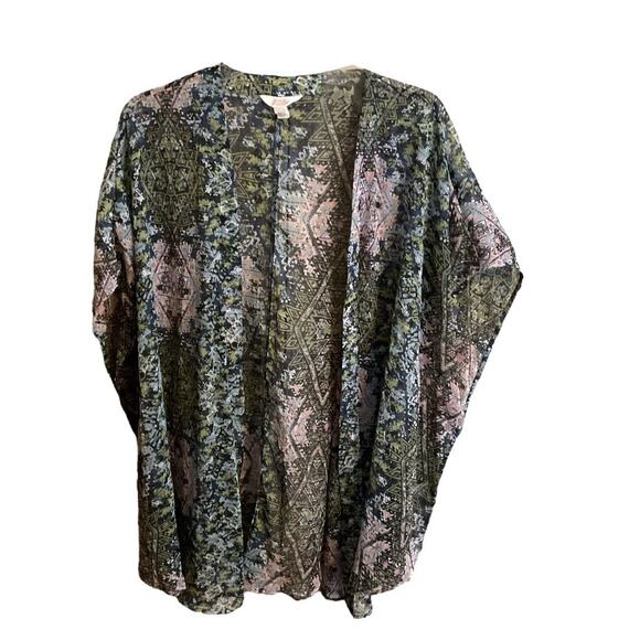 SUN & SHADOW Open Kimono Women’s S/M Green Blue Pink Geometric Pattern Lightweig - Picture 1 of 8